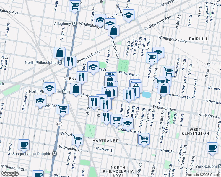 map of restaurants, bars, coffee shops, grocery stores, and more near 2728 North Warnock Street in Philadelphia
