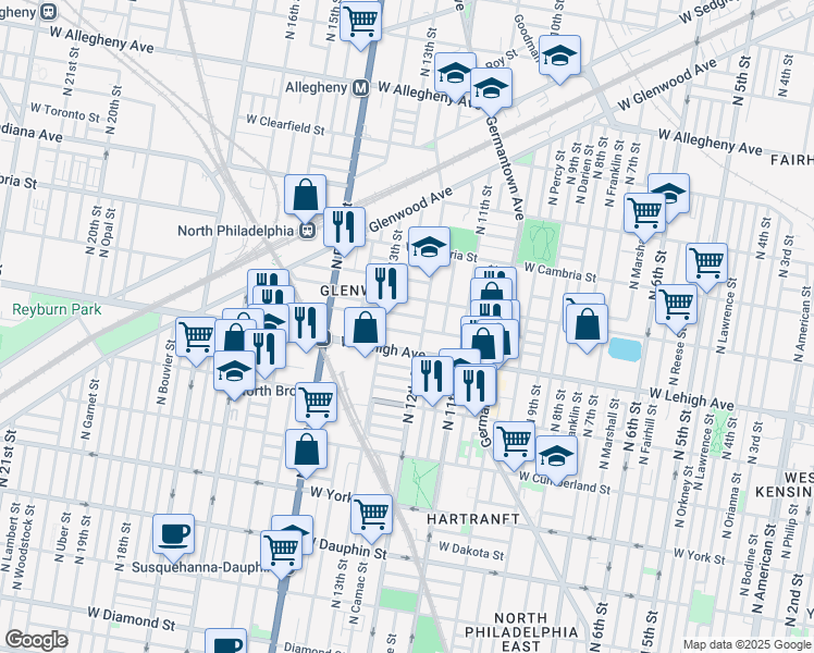 map of restaurants, bars, coffee shops, grocery stores, and more near 2731 North 13th Street in Philadelphia