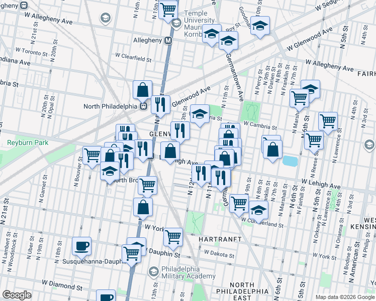 map of restaurants, bars, coffee shops, grocery stores, and more near 2731 North 13th Street in Philadelphia