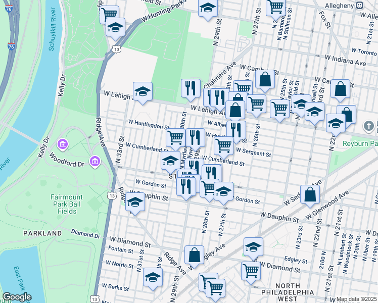 map of restaurants, bars, coffee shops, grocery stores, and more near 2508 North Hollywood Street in Philadelphia