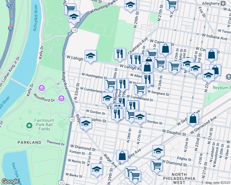 map of restaurants, bars, coffee shops, grocery stores, and more near 2518 North Hollywood Street in Philadelphia