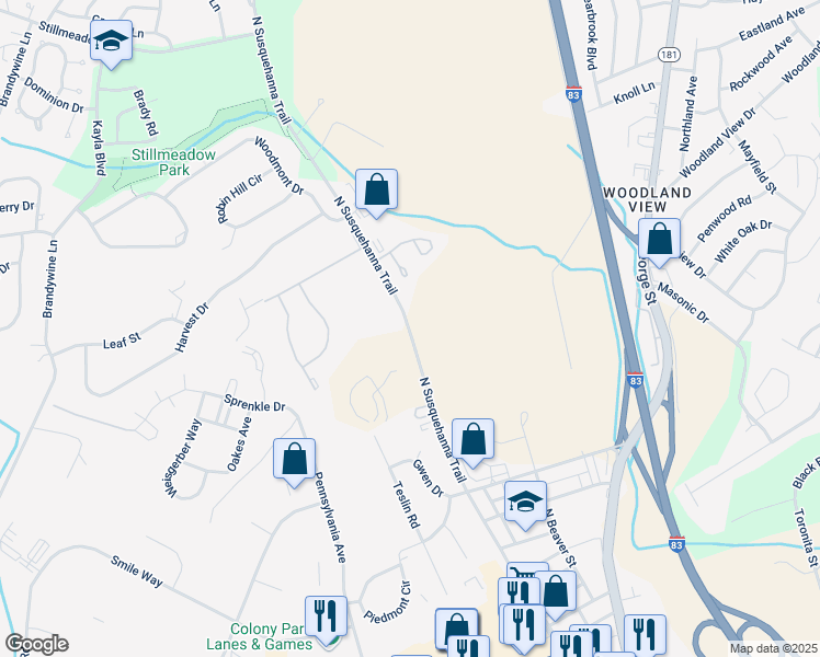 map of restaurants, bars, coffee shops, grocery stores, and more near 2125-2299 North Susquehanna Trail in York