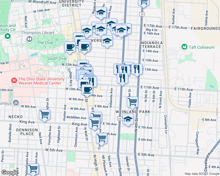 map of restaurants, bars, coffee shops, grocery stores, and more near in Columbus