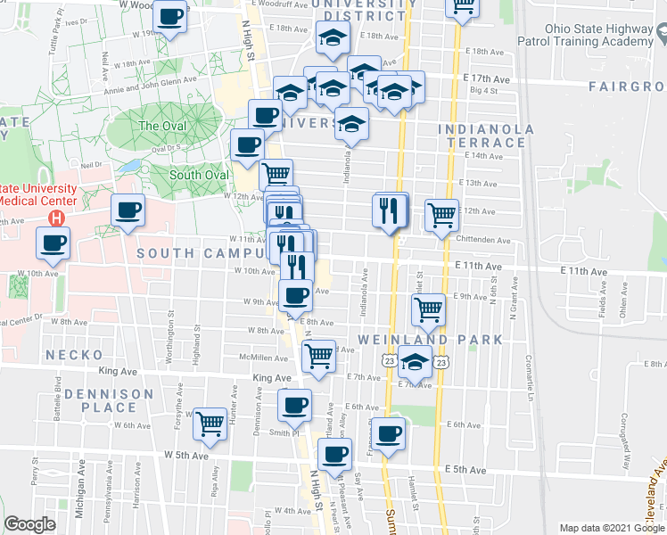 map of restaurants, bars, coffee shops, grocery stores, and more near 107 East 11th Avenue in Columbus
