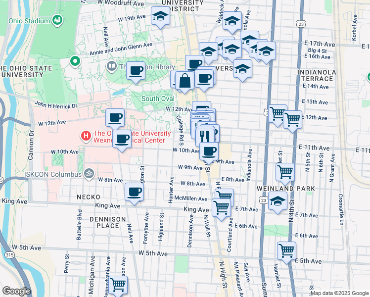 map of restaurants, bars, coffee shops, grocery stores, and more near 50 West 10th Avenue in Columbus