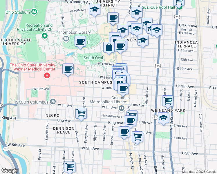 map of restaurants, bars, coffee shops, grocery stores, and more near 50 West 10th Avenue in Columbus