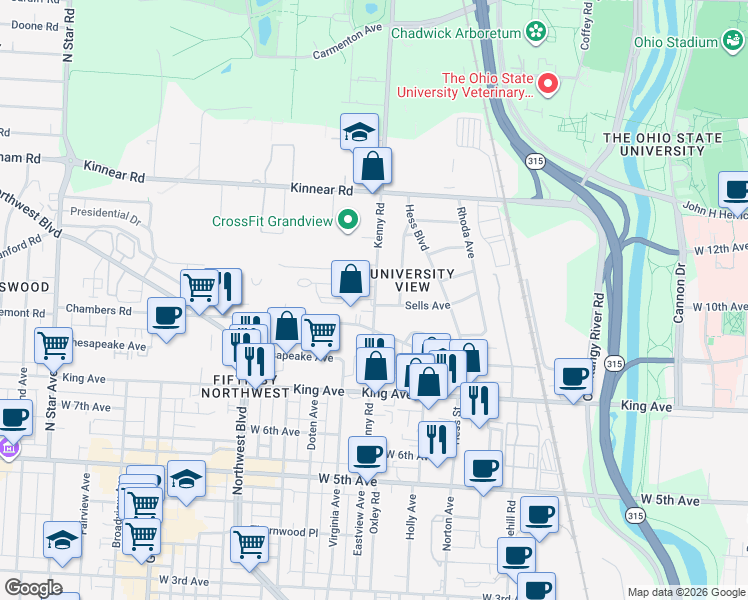 map of restaurants, bars, coffee shops, grocery stores, and more near 1731 Kenny Road in Columbus