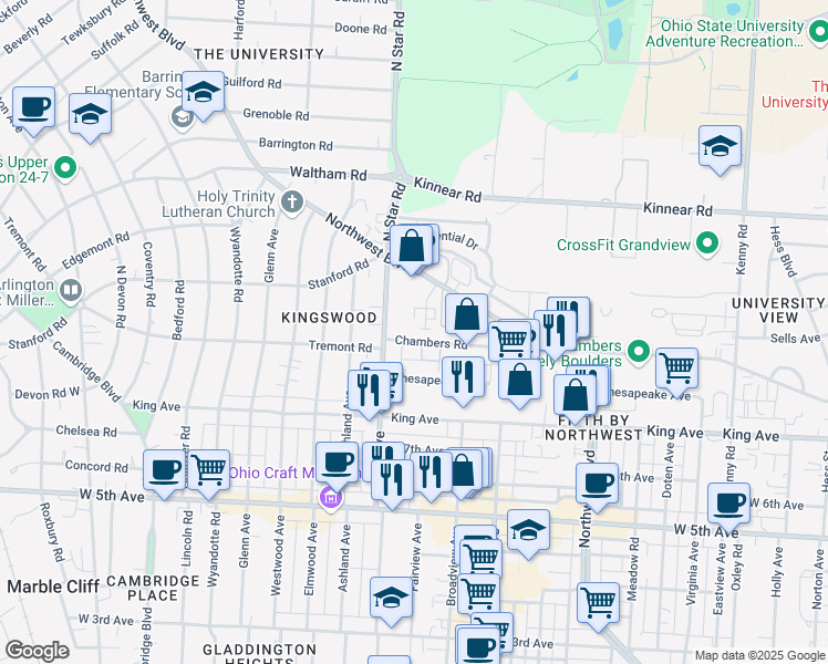 map of restaurants, bars, coffee shops, grocery stores, and more near 1795 Northwest Court in Columbus