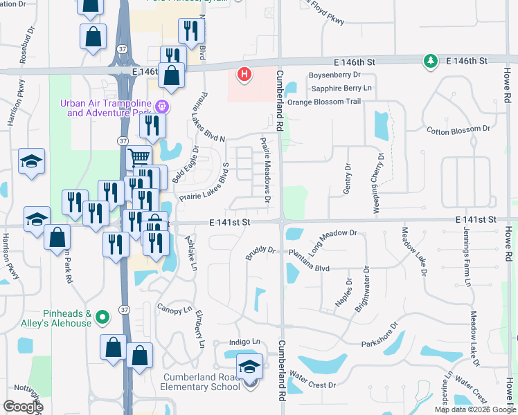 map of restaurants, bars, coffee shops, grocery stores, and more near 9690 Prairie Smoke Drive in Noblesville