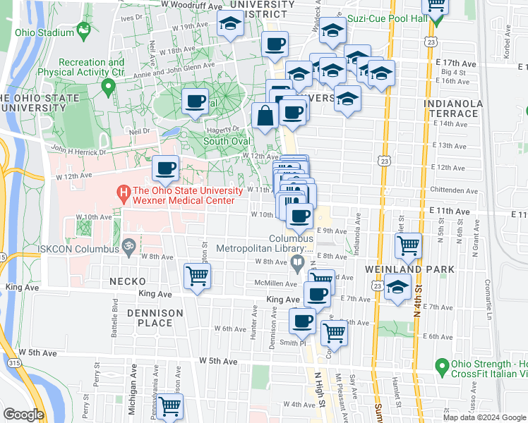 map of restaurants, bars, coffee shops, grocery stores, and more near 62 West 10th Avenue in Columbus