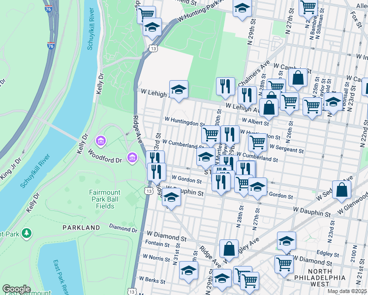 map of restaurants, bars, coffee shops, grocery stores, and more near 2465 North Patton Street in Philadelphia