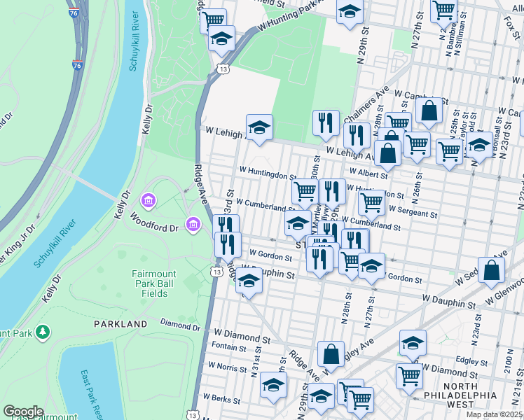 map of restaurants, bars, coffee shops, grocery stores, and more near 2462 North Patton Street in Philadelphia