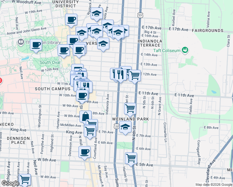 map of restaurants, bars, coffee shops, grocery stores, and more near in Columbus