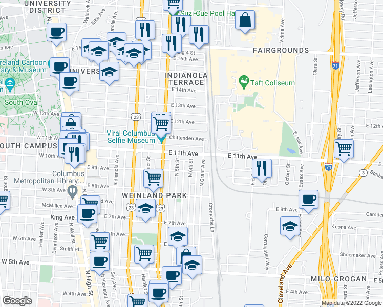 map of restaurants, bars, coffee shops, grocery stores, and more near E 11th Ave & N 6th St in Columbus