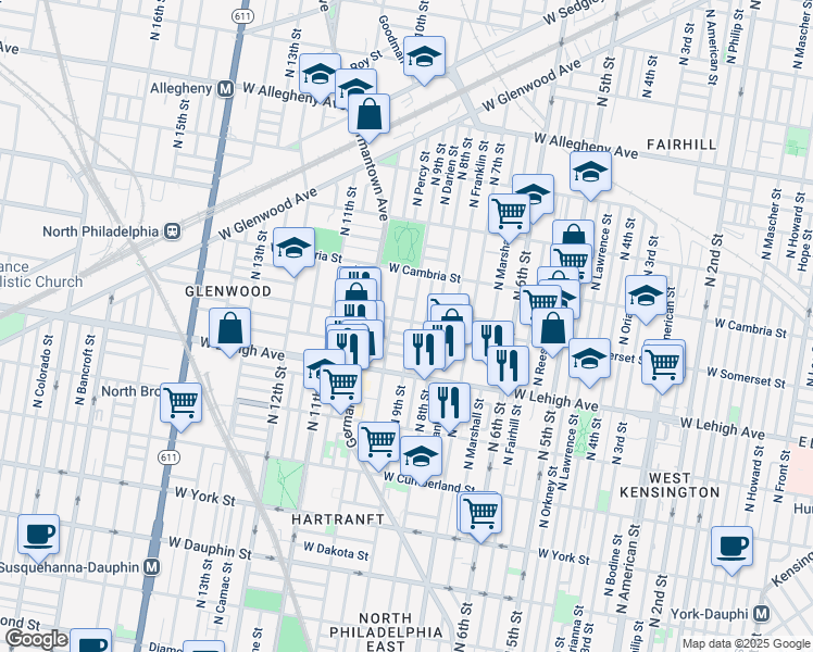 map of restaurants, bars, coffee shops, grocery stores, and more near 902 West Somerset Street in Philadelphia