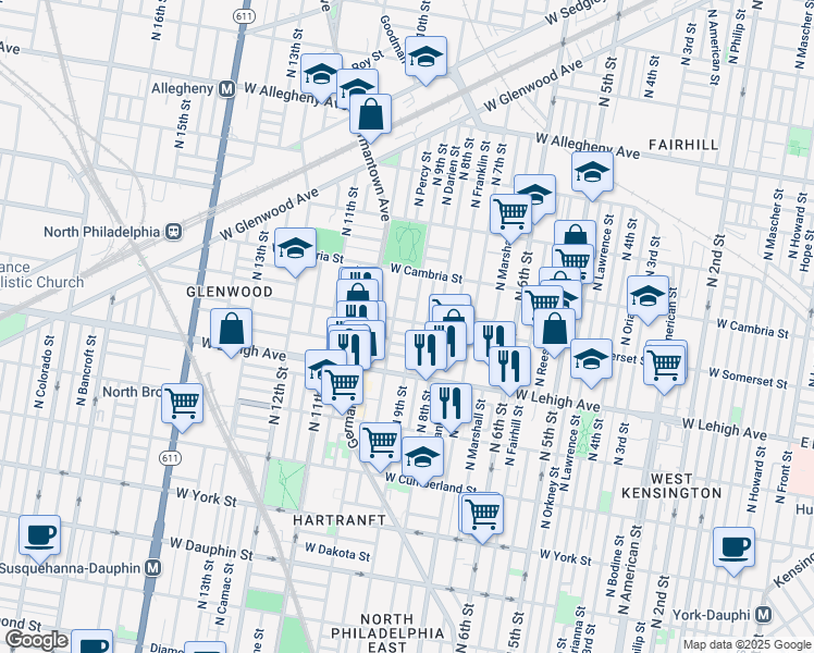 map of restaurants, bars, coffee shops, grocery stores, and more near 904 West Somerset Street in Philadelphia