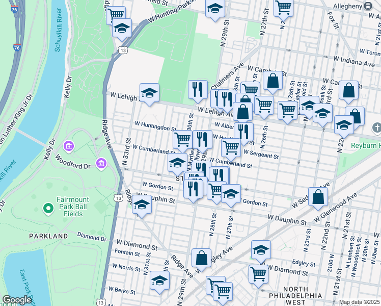 map of restaurants, bars, coffee shops, grocery stores, and more near 2518 North Hollywood Street in Philadelphia