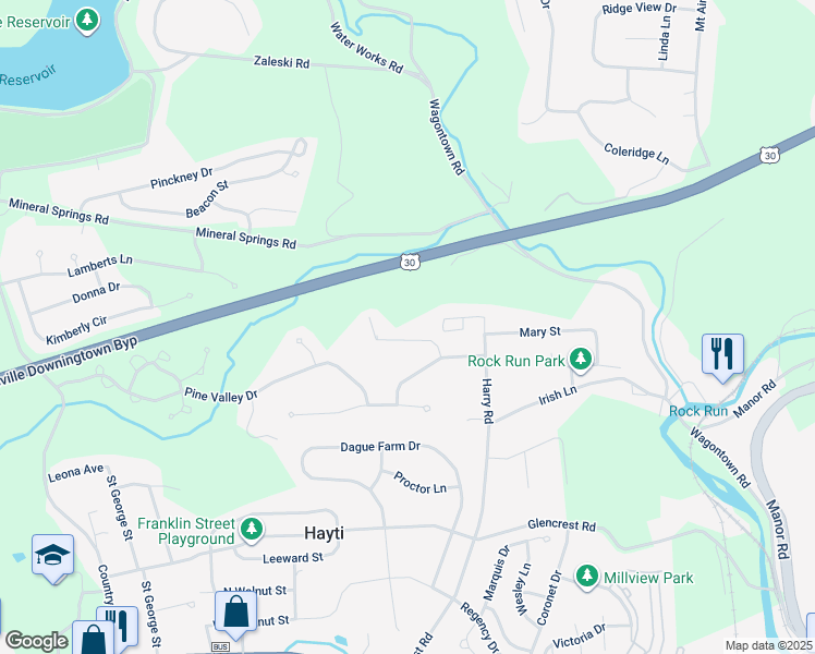 map of restaurants, bars, coffee shops, grocery stores, and more near 112 Burgundy Lane in Coatesville