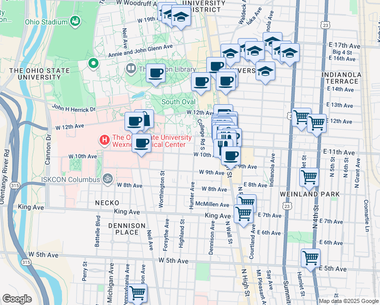 map of restaurants, bars, coffee shops, grocery stores, and more near 110 West 10th Avenue in Columbus