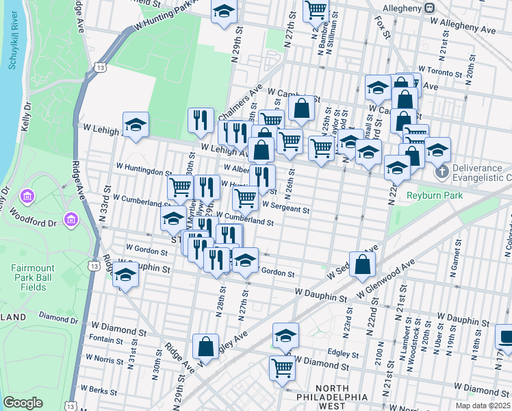 map of restaurants, bars, coffee shops, grocery stores, and more near 2516 North 27th Street in Philadelphia