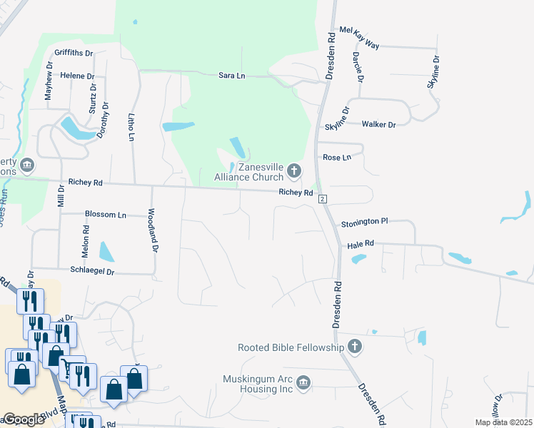 map of restaurants, bars, coffee shops, grocery stores, and more near 1782 Longhill Drive in Zanesville