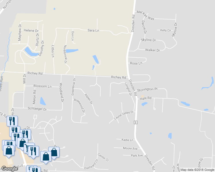 map of restaurants, bars, coffee shops, grocery stores, and more near 1782 Longhill Drive in Zanesville