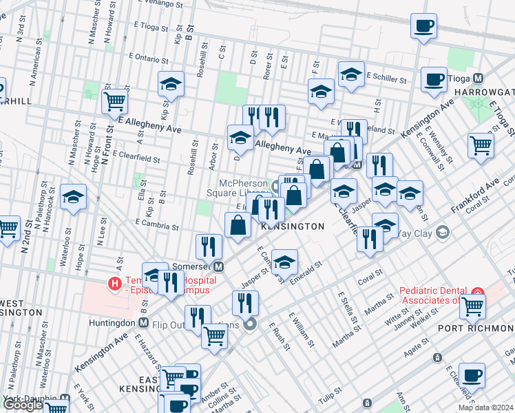 map of restaurants, bars, coffee shops, grocery stores, and more near 551 East Indiana Avenue in Philadelphia