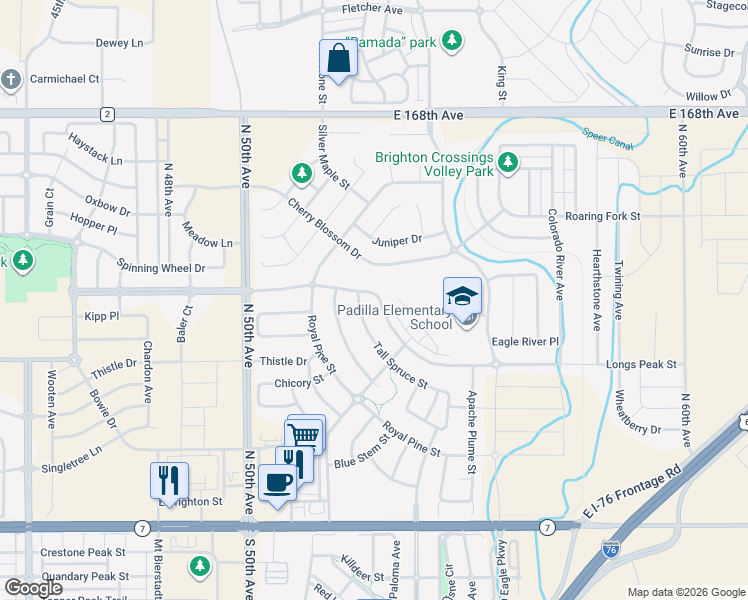 map of restaurants, bars, coffee shops, grocery stores, and more near 5242 Longs Peak Street in Brighton