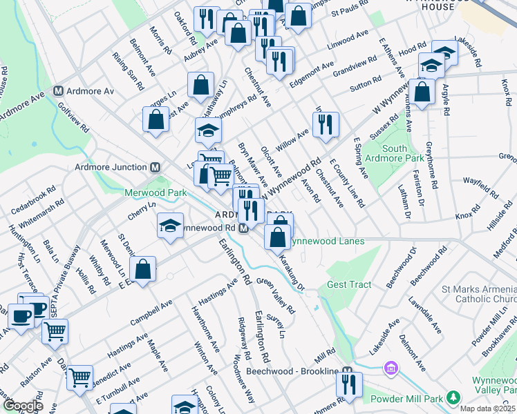 map of restaurants, bars, coffee shops, grocery stores, and more near 623 Wynnewood Road in Ardmore