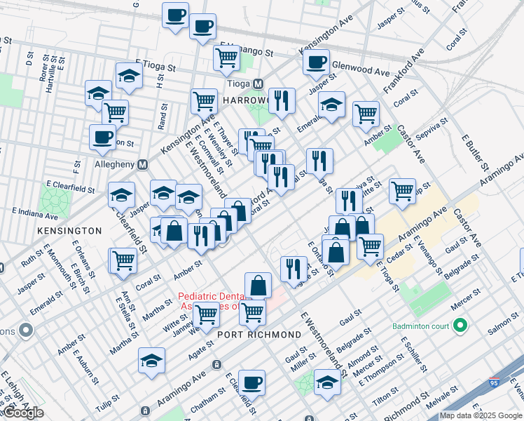 map of restaurants, bars, coffee shops, grocery stores, and more near 3338 Amber Street in Philadelphia