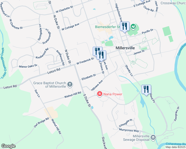 map of restaurants, bars, coffee shops, grocery stores, and more near 1 Windsor Court in Millersville
