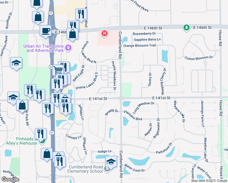 map of restaurants, bars, coffee shops, grocery stores, and more near 9768 Prairie Smoke Drive in Noblesville