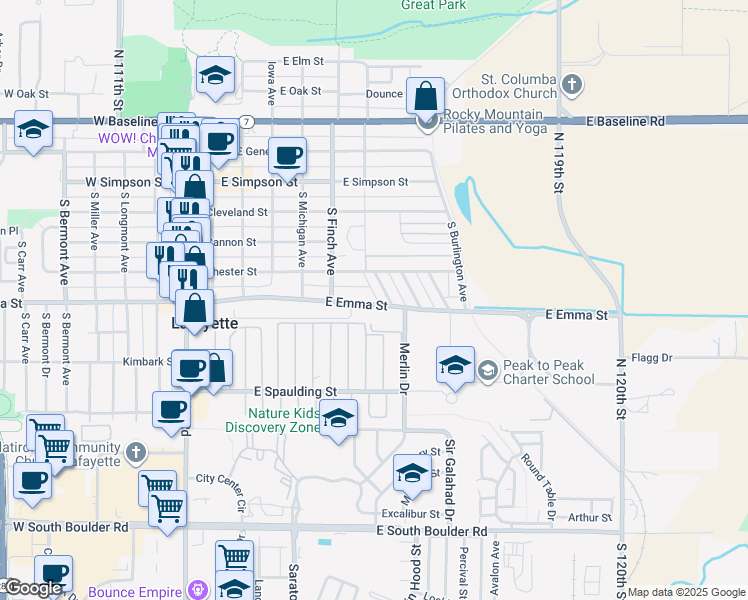 map of restaurants, bars, coffee shops, grocery stores, and more near 619 East Emma Street in Lafayette