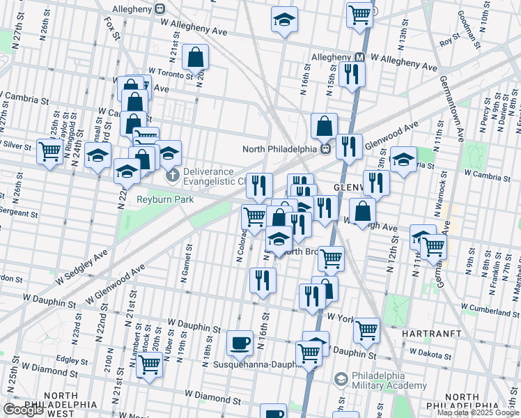 map of restaurants, bars, coffee shops, grocery stores, and more near 1630 West Lehigh Avenue in Philadelphia