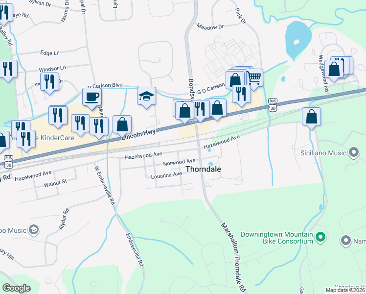 map of restaurants, bars, coffee shops, grocery stores, and more near 3815 Hazelwood Avenue in Downingtown