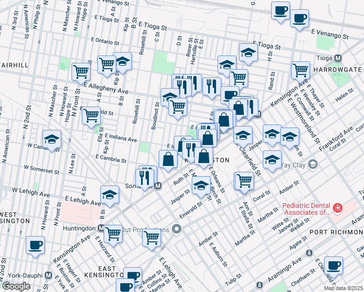 map of restaurants, bars, coffee shops, grocery stores, and more near 551 East Indiana Avenue in Philadelphia