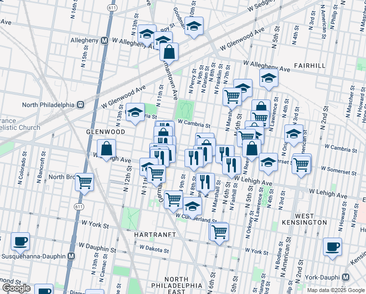 map of restaurants, bars, coffee shops, grocery stores, and more near 912 West Somerset Street in Philadelphia