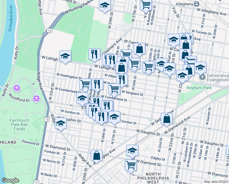 map of restaurants, bars, coffee shops, grocery stores, and more near 2528 North Marston Street in Philadelphia