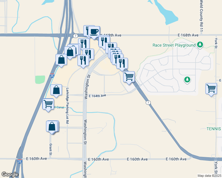 map of restaurants, bars, coffee shops, grocery stores, and more near 16420 Washington Street in Thornton