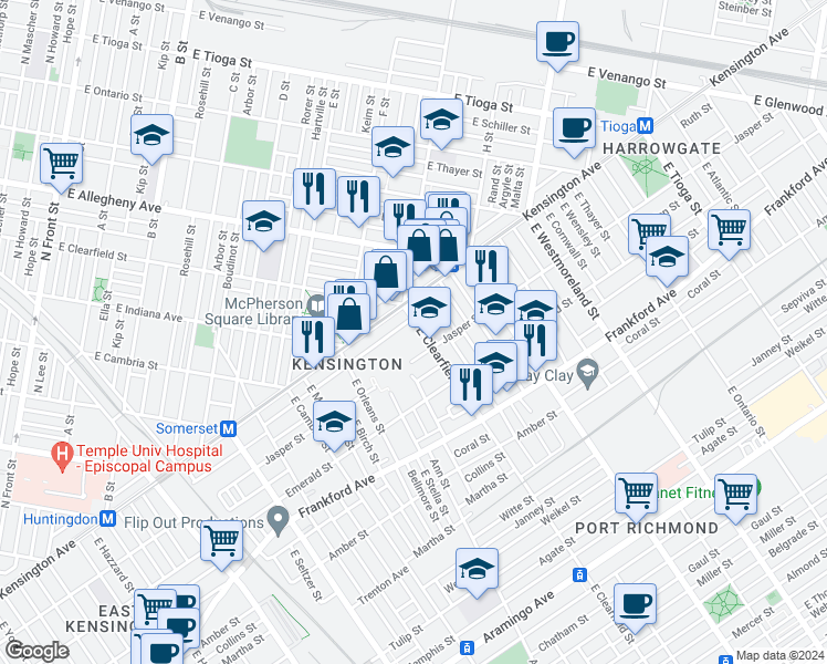 map of restaurants, bars, coffee shops, grocery stores, and more near 1810 E Clearfield St in Philadelphia