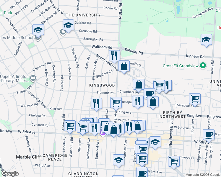 map of restaurants, bars, coffee shops, grocery stores, and more near 1810 Ashland Avenue in Columbus