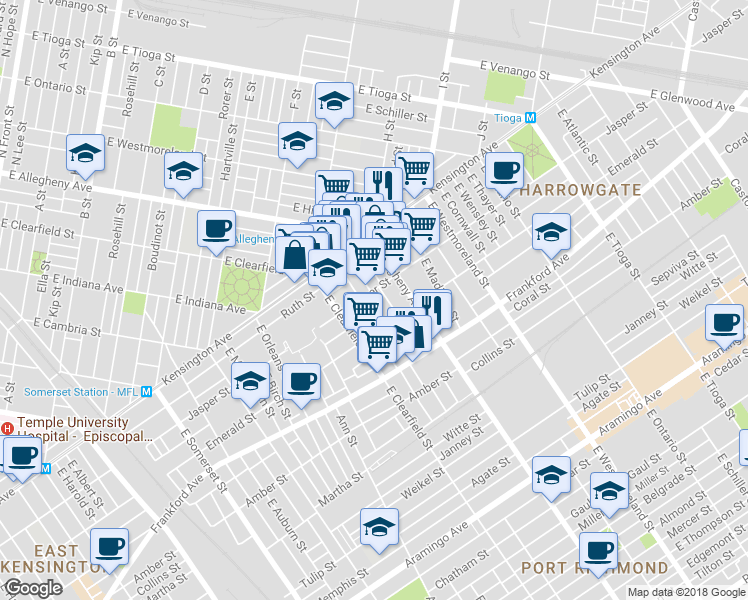 map of restaurants, bars, coffee shops, grocery stores, and more near 1907 East Lippincott Street in Philadelphia