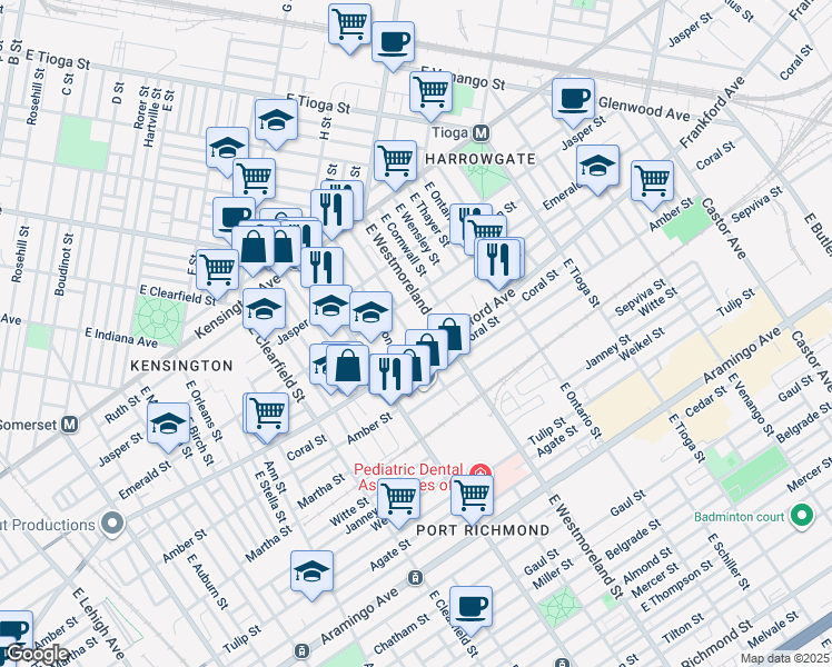 map of restaurants, bars, coffee shops, grocery stores, and more near 2039 East Willard Street in Philadelphia