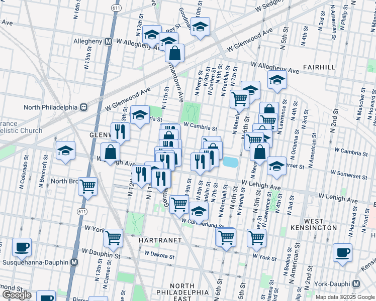 map of restaurants, bars, coffee shops, grocery stores, and more near 916 West Somerset Street in Philadelphia