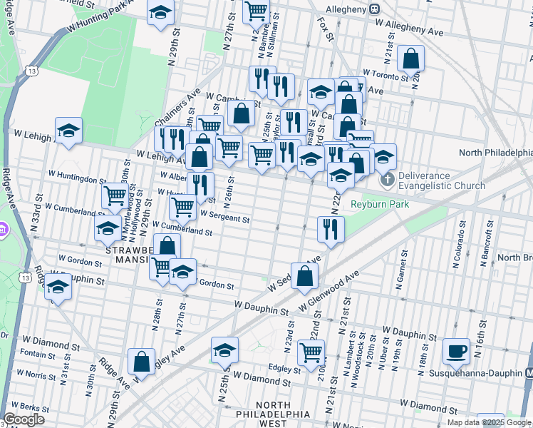 map of restaurants, bars, coffee shops, grocery stores, and more near 2426 West Huntingdon Street in Philadelphia
