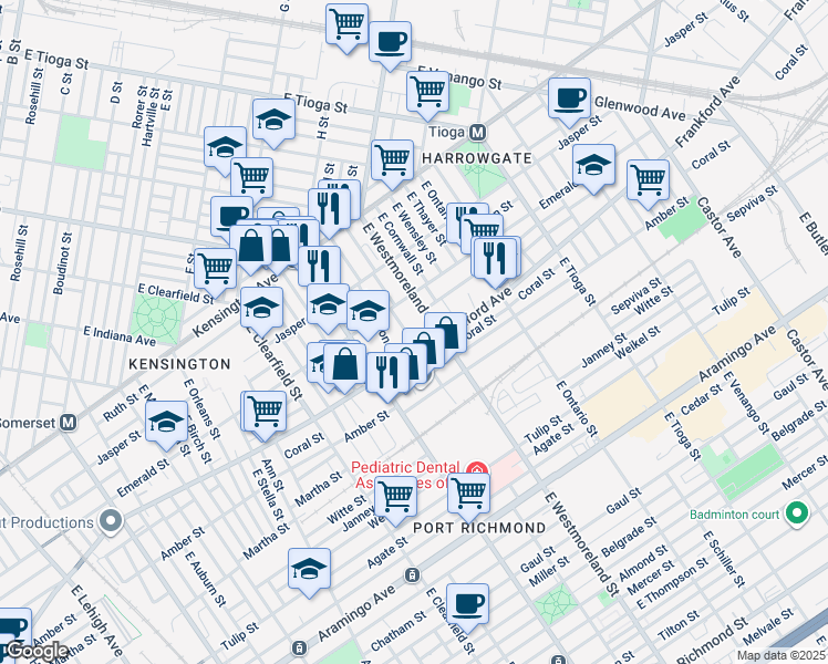 map of restaurants, bars, coffee shops, grocery stores, and more near 2039 East Willard Street in Philadelphia