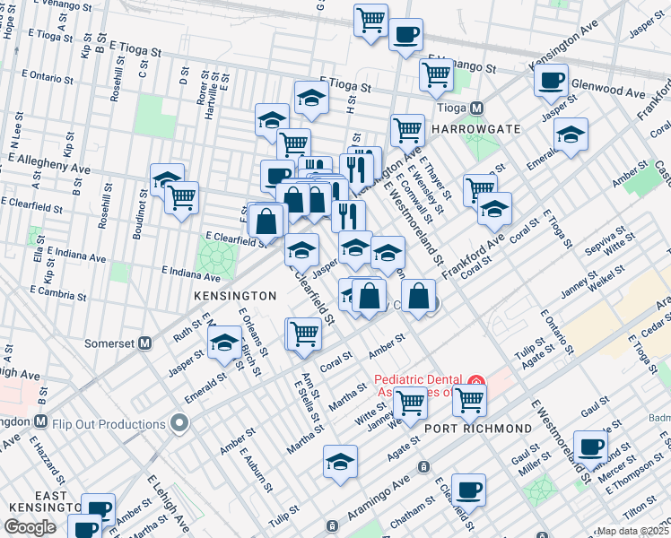 map of restaurants, bars, coffee shops, grocery stores, and more near 1907 East Lippincott Street in Philadelphia