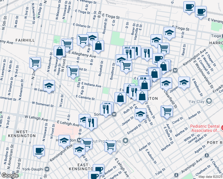 map of restaurants, bars, coffee shops, grocery stores, and more near 440 East Indiana Avenue in Philadelphia