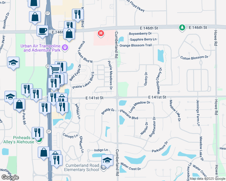 map of restaurants, bars, coffee shops, grocery stores, and more near 9768 Prairie Smoke Drive in Noblesville