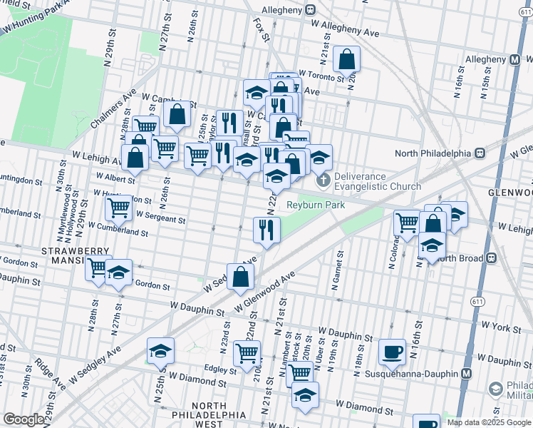 map of restaurants, bars, coffee shops, grocery stores, and more near 2618 North 22nd Street in Philadelphia